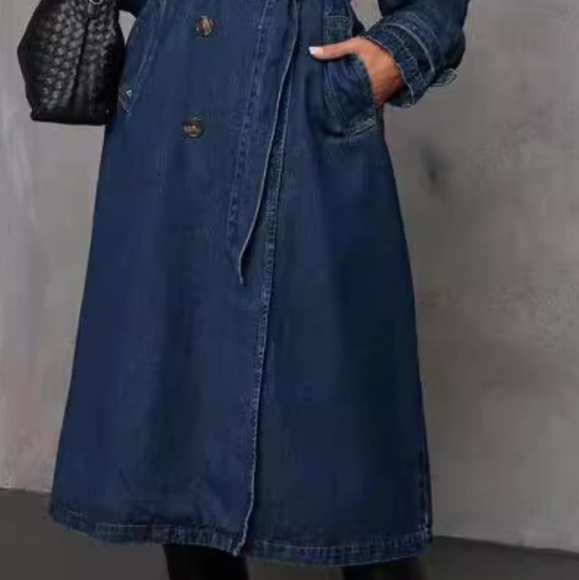 Denim Trench Coat Double Breasted Button-Up Collared Longline Belt Jean Jacket - Picture 11 of 12
